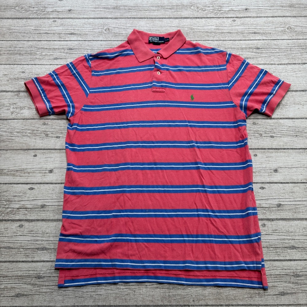 Polo Ralph Lauren Polo Shirt Men's Large Pink Blue Striped Short Sleeve Cotton